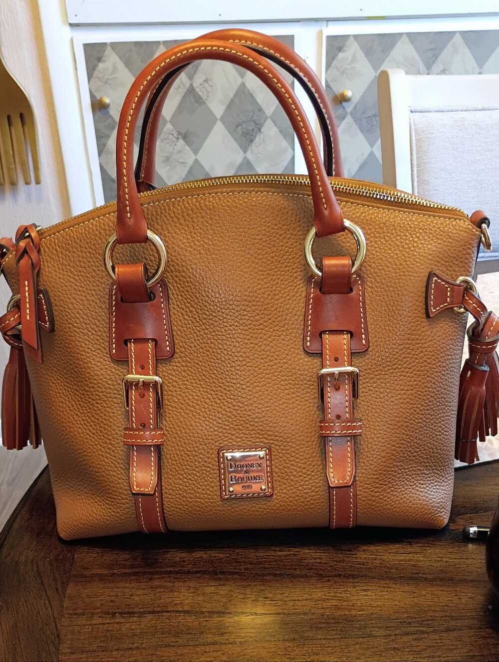 Dooney & Bourke Bristol Pebble leather domed satchel in caramel tan